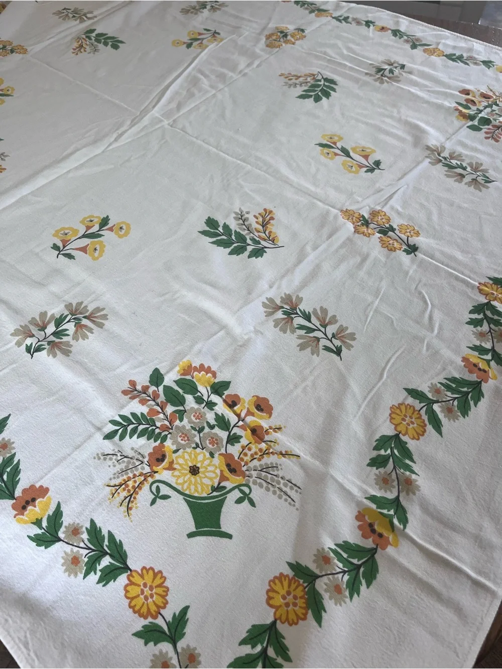Vintage cotton Floral Basket Printed Tablecloth - Green & Yellow